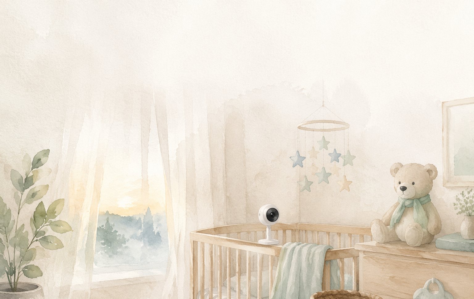 A calm smart nursery with a Coddie baby monitor watching over the crib