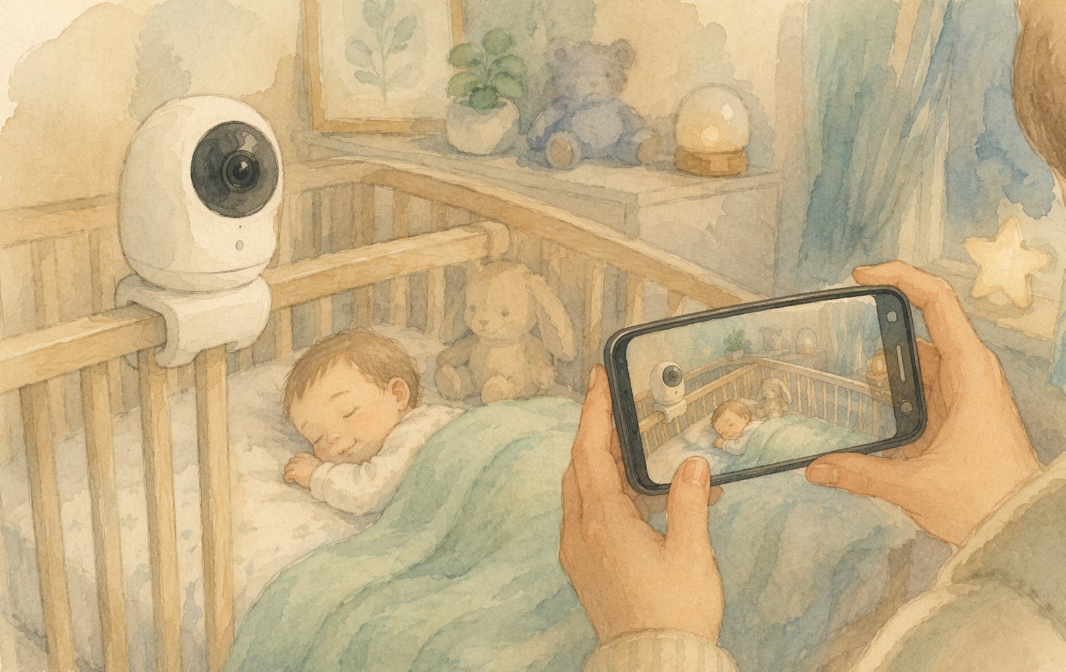 Coddie AI baby monitor on the crib while a parent checks the live view on a phone
