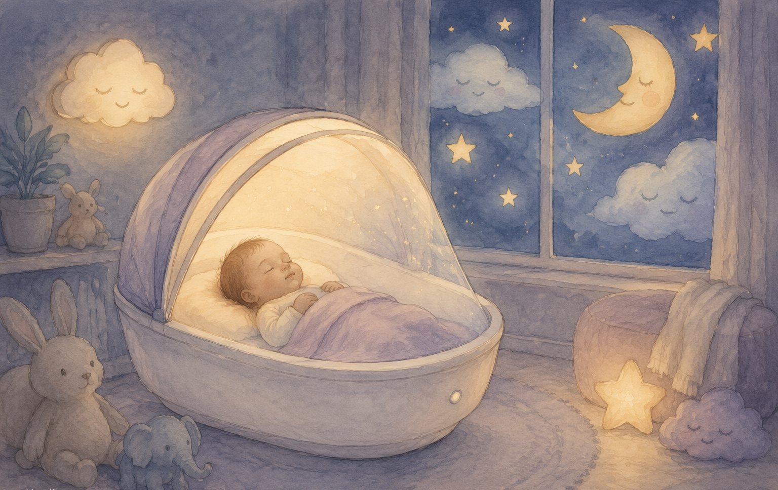 Coddie smart sleep pod glowing softly under a starry night sky