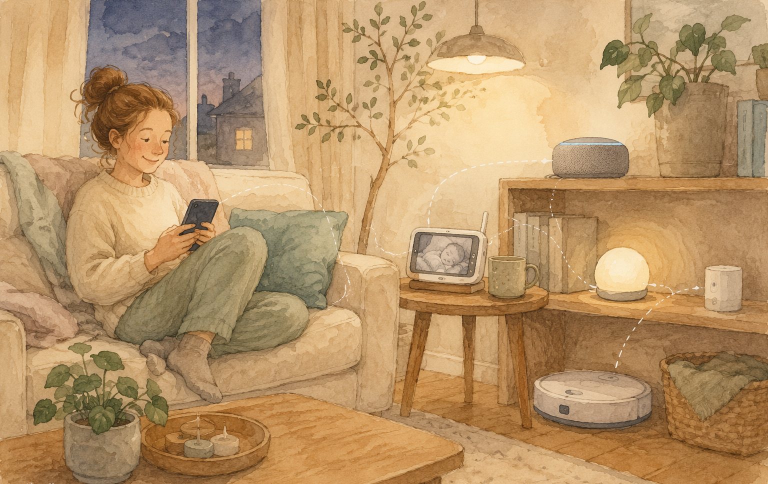 A cozy living room where Coddie devices connect with the family's smart home